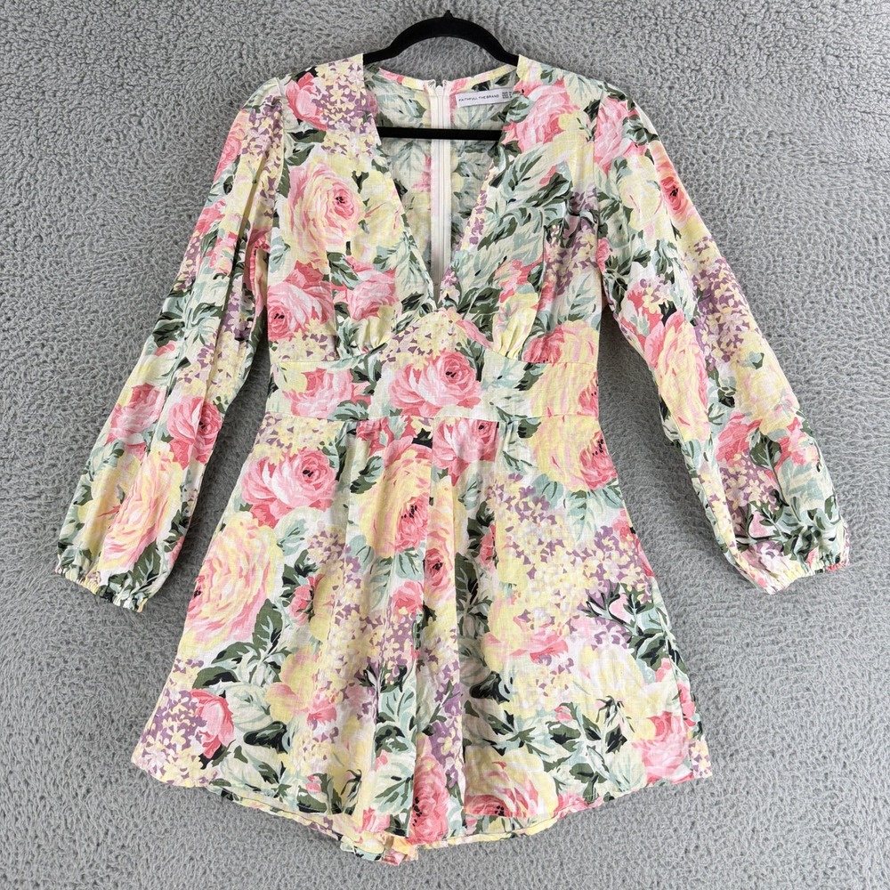 Faithfull The Brand Romper Womens‎ M Yellow Pink Floral Linen V-Neck Long Sleeve